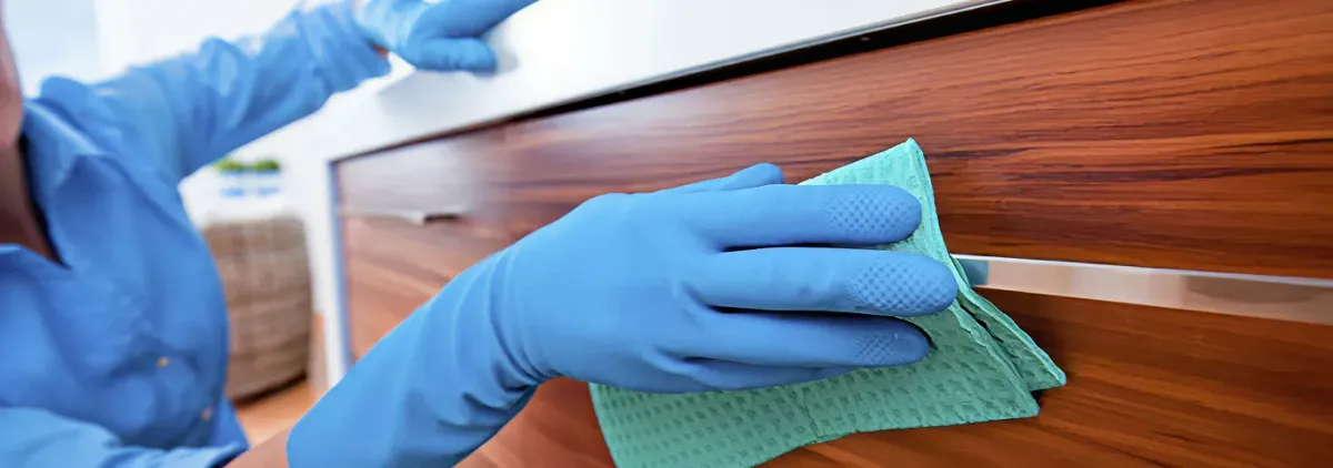 Cleaner wearing blue gloves wiping a wooden cabinet drawer with a microfiber cloth for dust and grime removal, Riverside, CA.