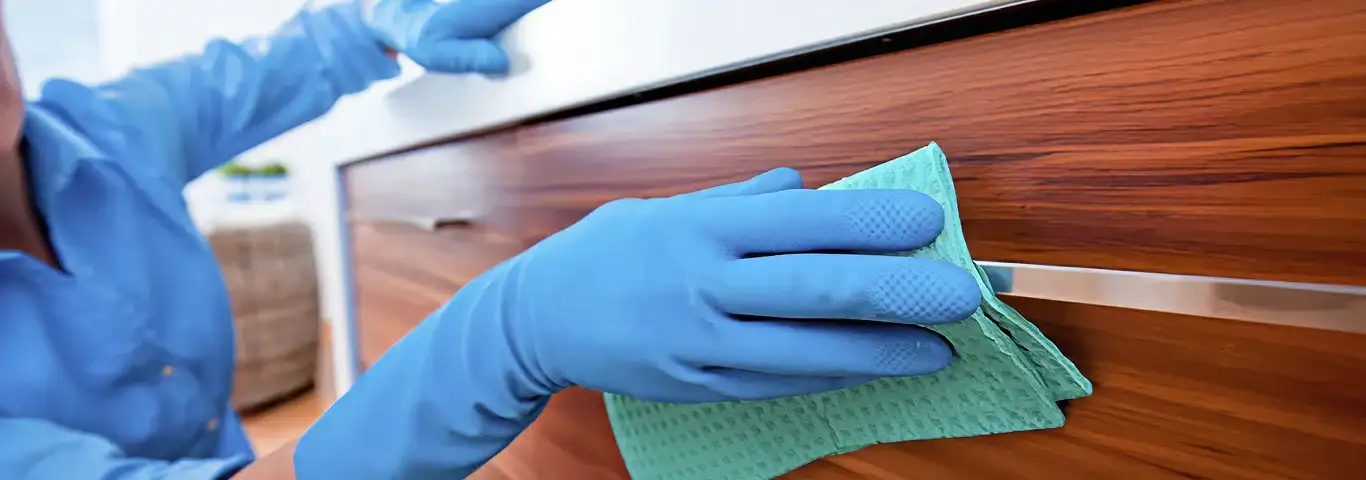 Cleaner wearing blue gloves wiping a wooden cabinet drawer with a microfiber cloth for dust and grime removal, Riverside, CA.