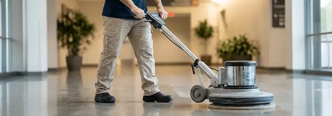 Professional technician using an industrial floor buffer to polish and maintain shiny commercial flooring in a corporate hallway in Riverside, CA.