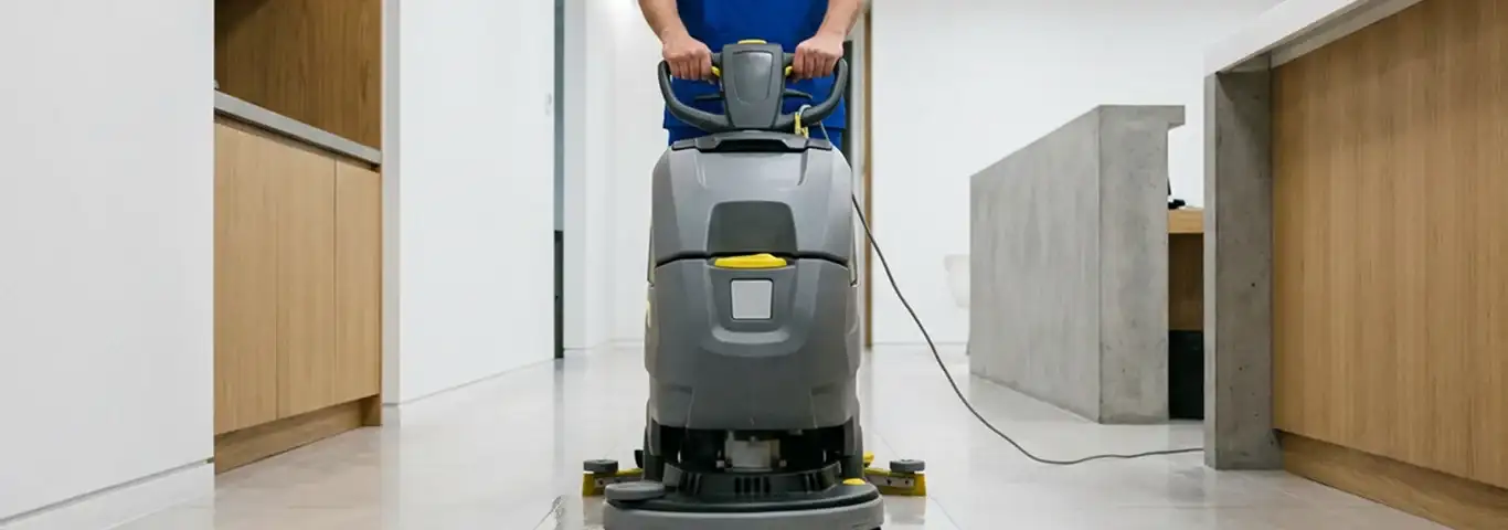 Janitorial staff using a floor scrubber machine to clean a commercial hallway, Riverside, CA.