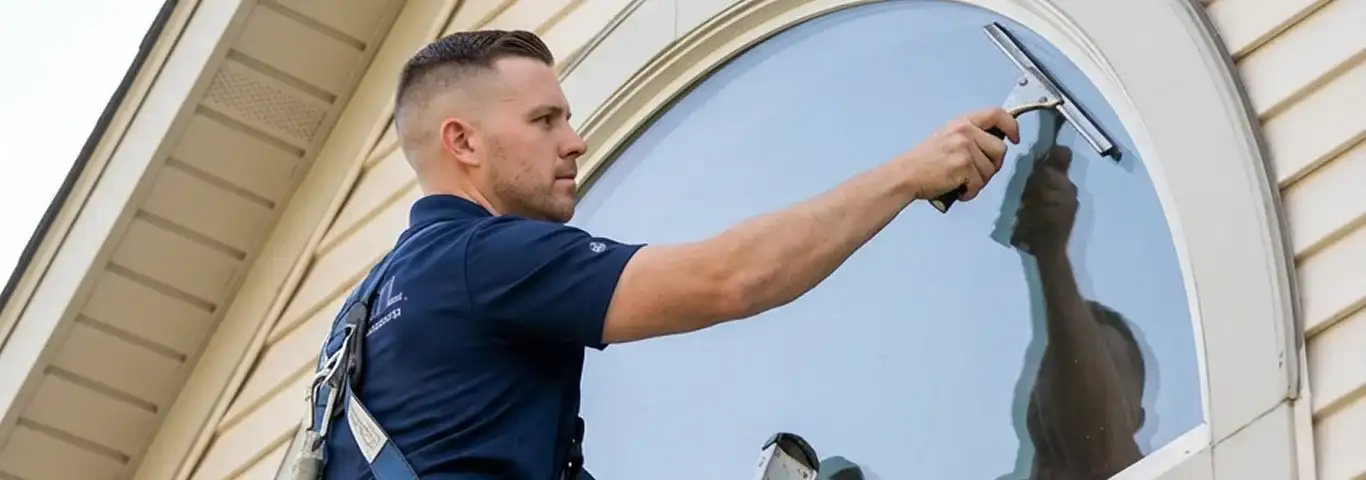 Professional window cleaner using a squeegee to clean an exterior arched window on a home, Riverside, CA.