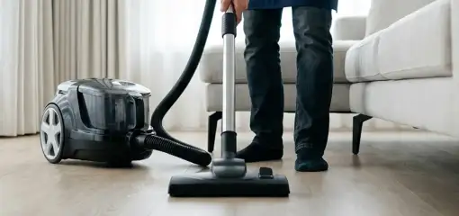 Professional house cleaner vacuuming a living room floor with a canister vacuum cleaner, Riverside, CA.