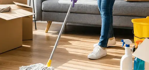Move-out cleaning setup with a cleaner mopping hardwood floors near moving boxes and cleaning supplies, Riverside, CA.