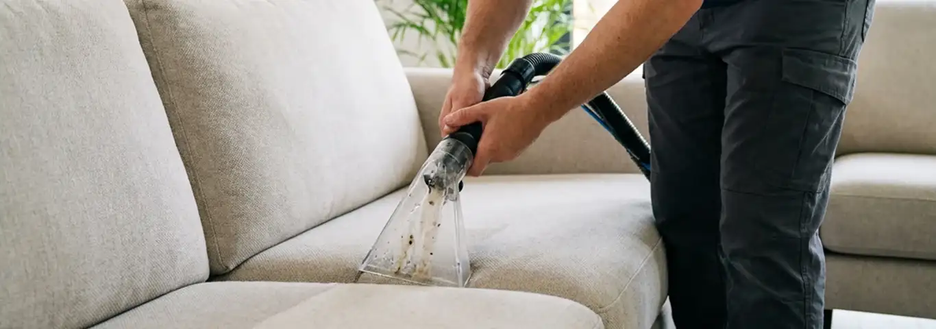 Technician extracting dirt and moisture from a fabric sofa with an upholstery cleaning wand, Riverside, CA.