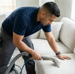 Professional upholstery cleaning technician using an extraction wand to deep-clean a fabric sofa, Riverside, CA.