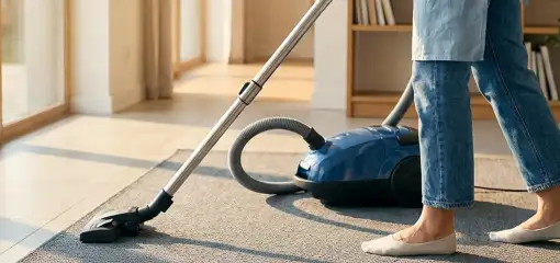 Person vacuuming a living room rug with a canister vacuum cleaner near large windows, Riverside, CA.